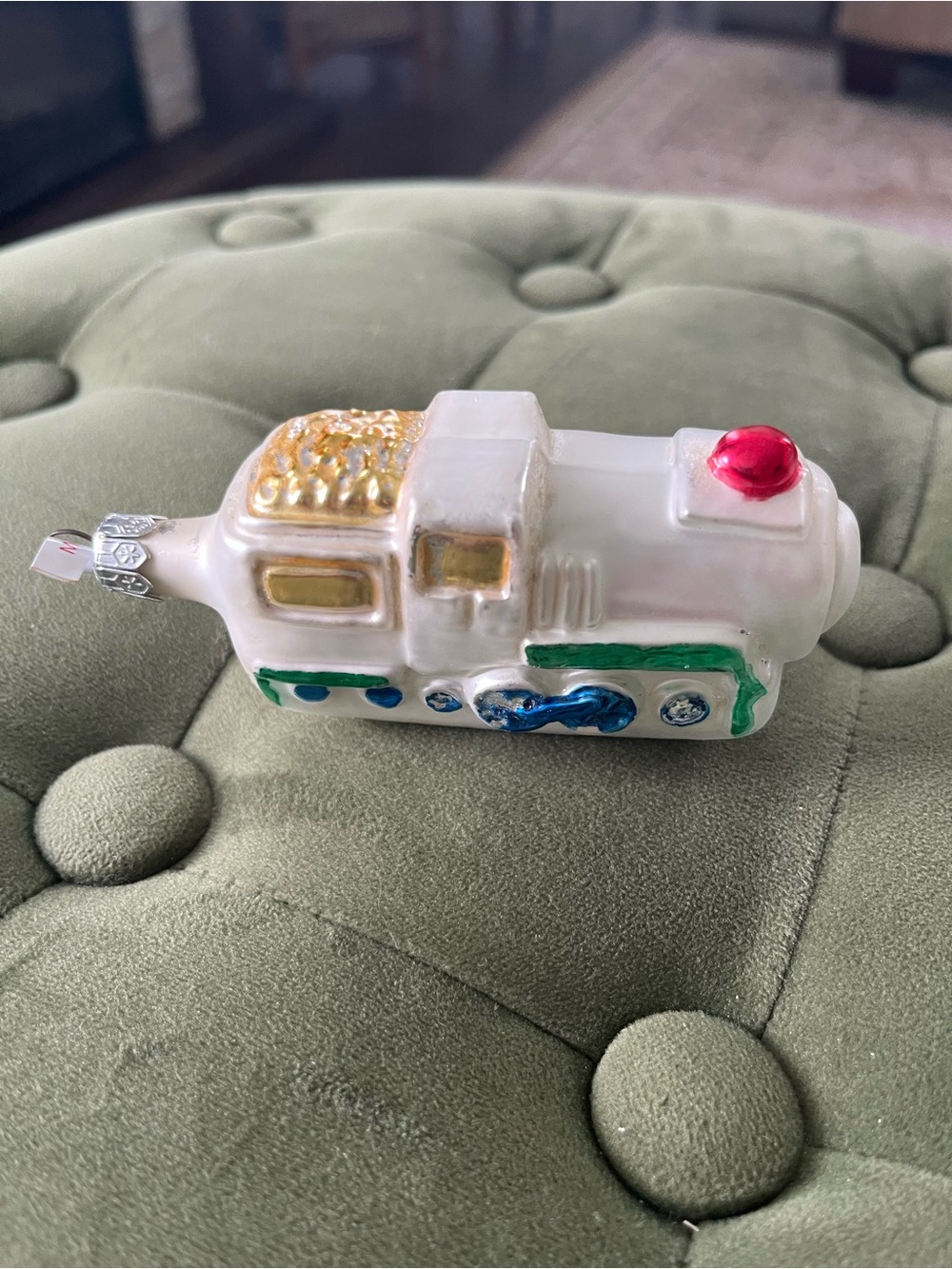 Handcrafted White Glass Locomotive Ornament with Gold & Green Accents